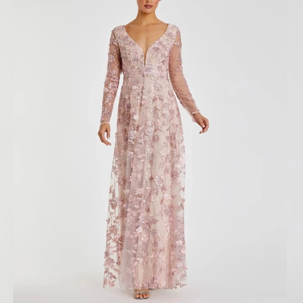 Mac Duggal 70224 Rose Pink Floral Applique Long Sleeve Illusion Gown Size 12 NWT